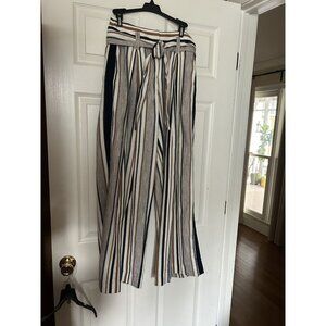 ME+EM striped linen blend wide leg pants trousers with tie belt and pockets--sz